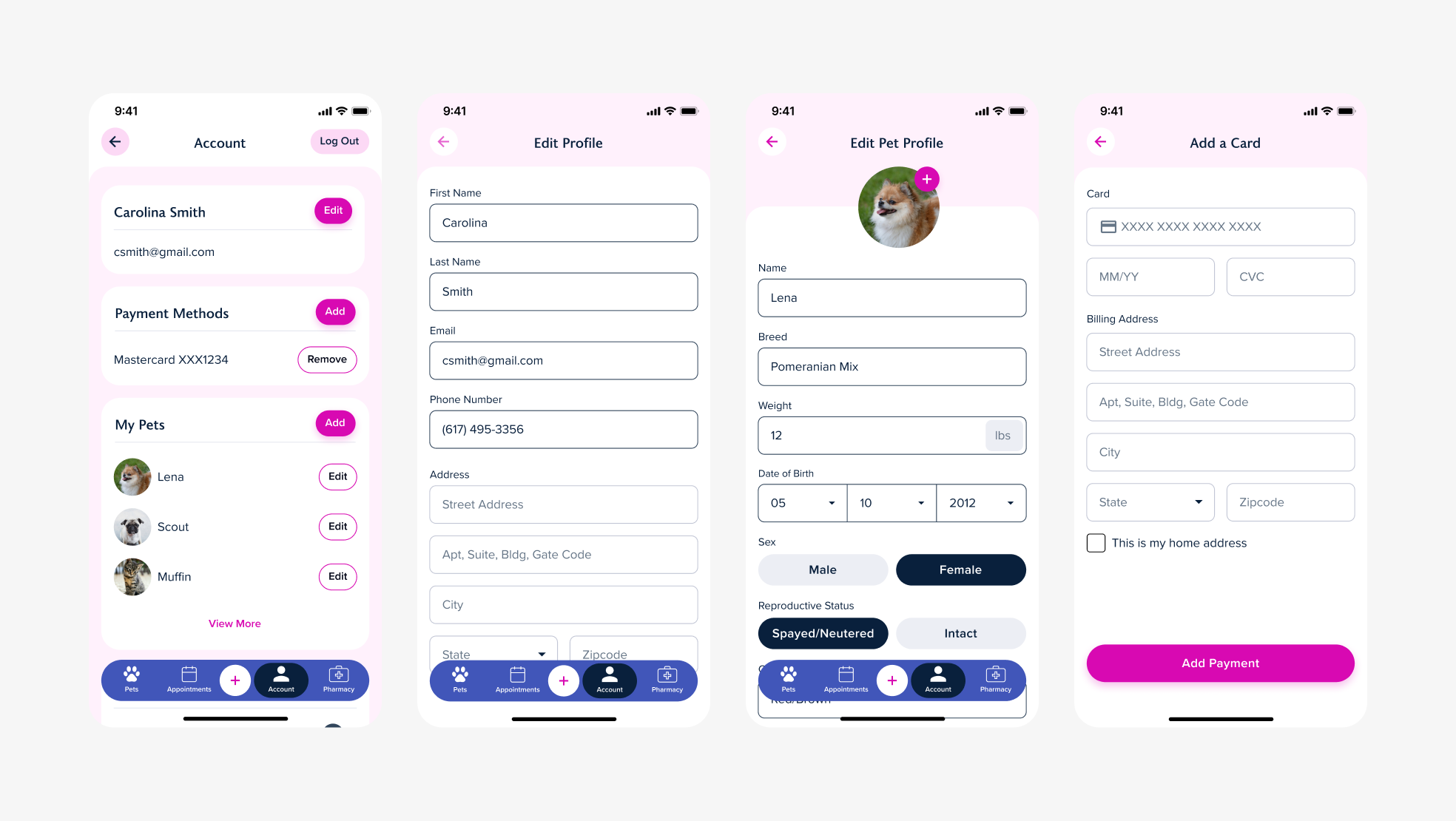 Account, Edit Profile, Edit Pet Profile, and Add a Card views