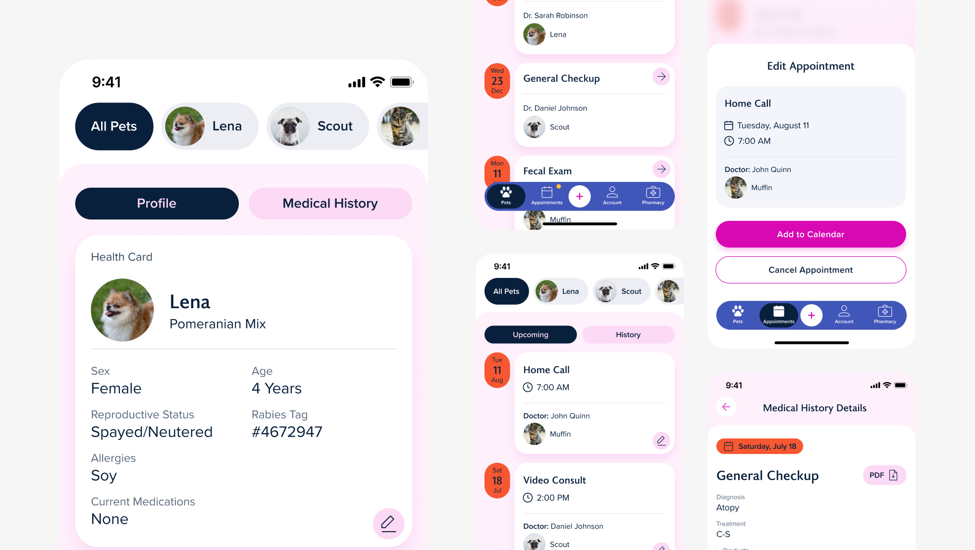Pet Profile view along with Pet Medical History tab, Pet Medical History details, Upcoming Appointments, and Edit Appointment view.