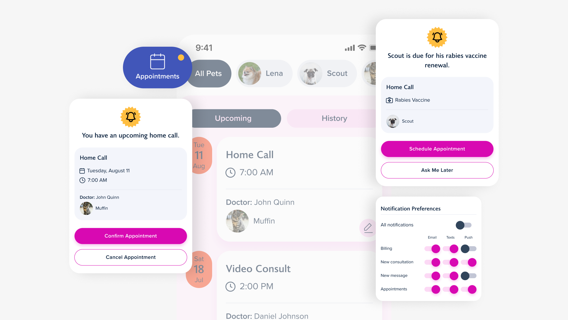 Different Notification alerts and Notification Preference toggles.