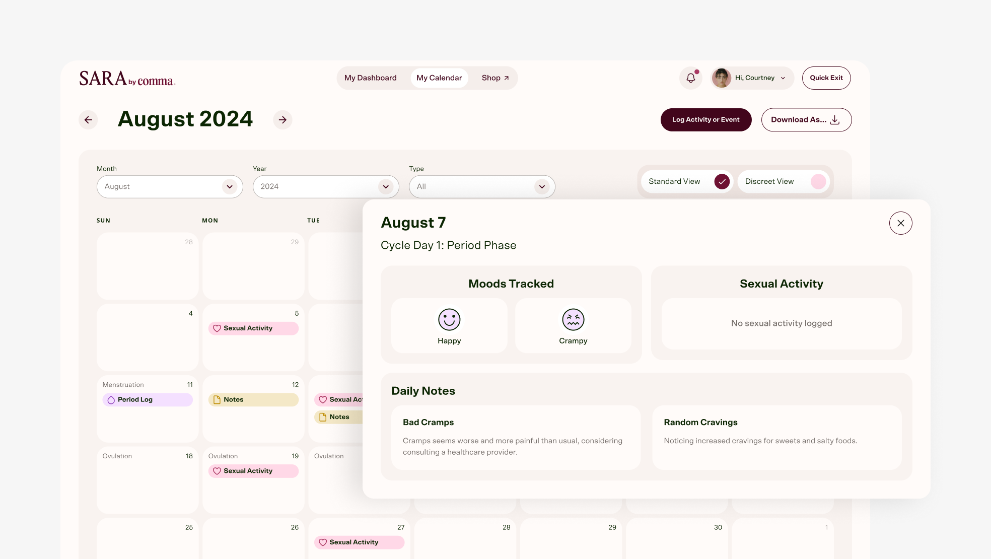 Desktop app monthly Calendar view with window to log moods, activity, or notes for specific day. Window is accessed through clicking on the calendar day.