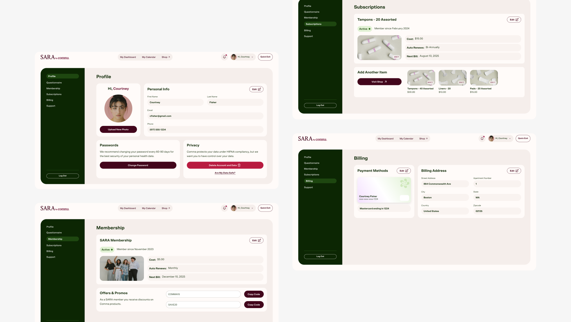 Desktop app view of Account Profile, Membership, Subscriptions, and Billing. Account is accessed by clicking on the avatar in the menu.