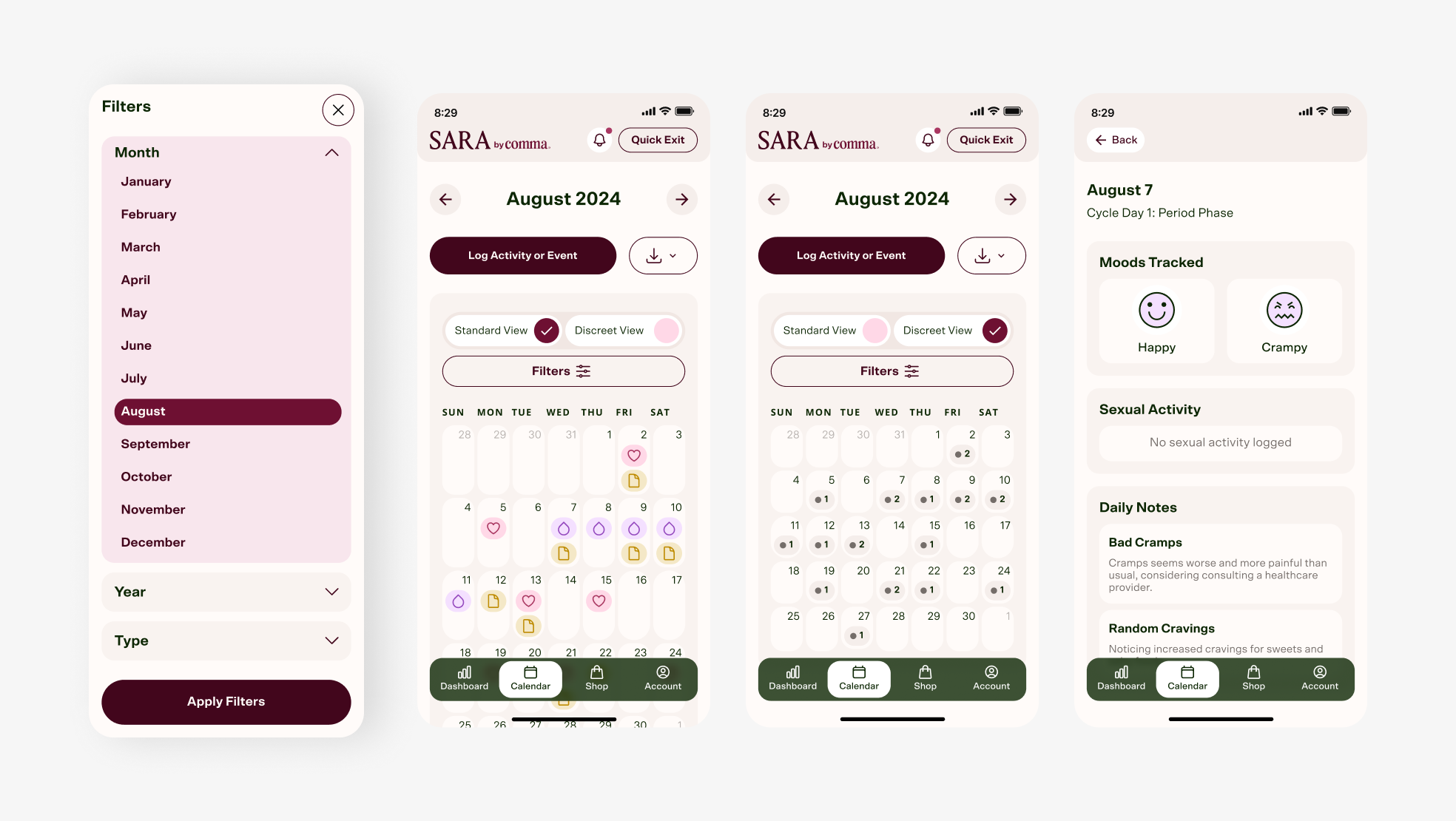 Mobile app view of Calendar filtering, Calendar standard view, Calendar discreet view, and day tracking window.