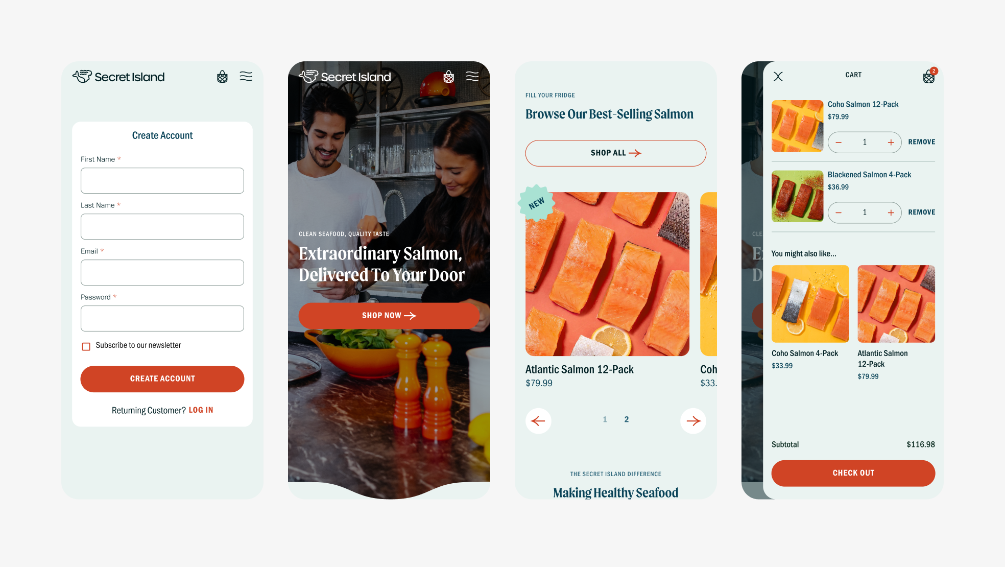 Mobile views of Create Account, Homepage, and Cart slide-out window.