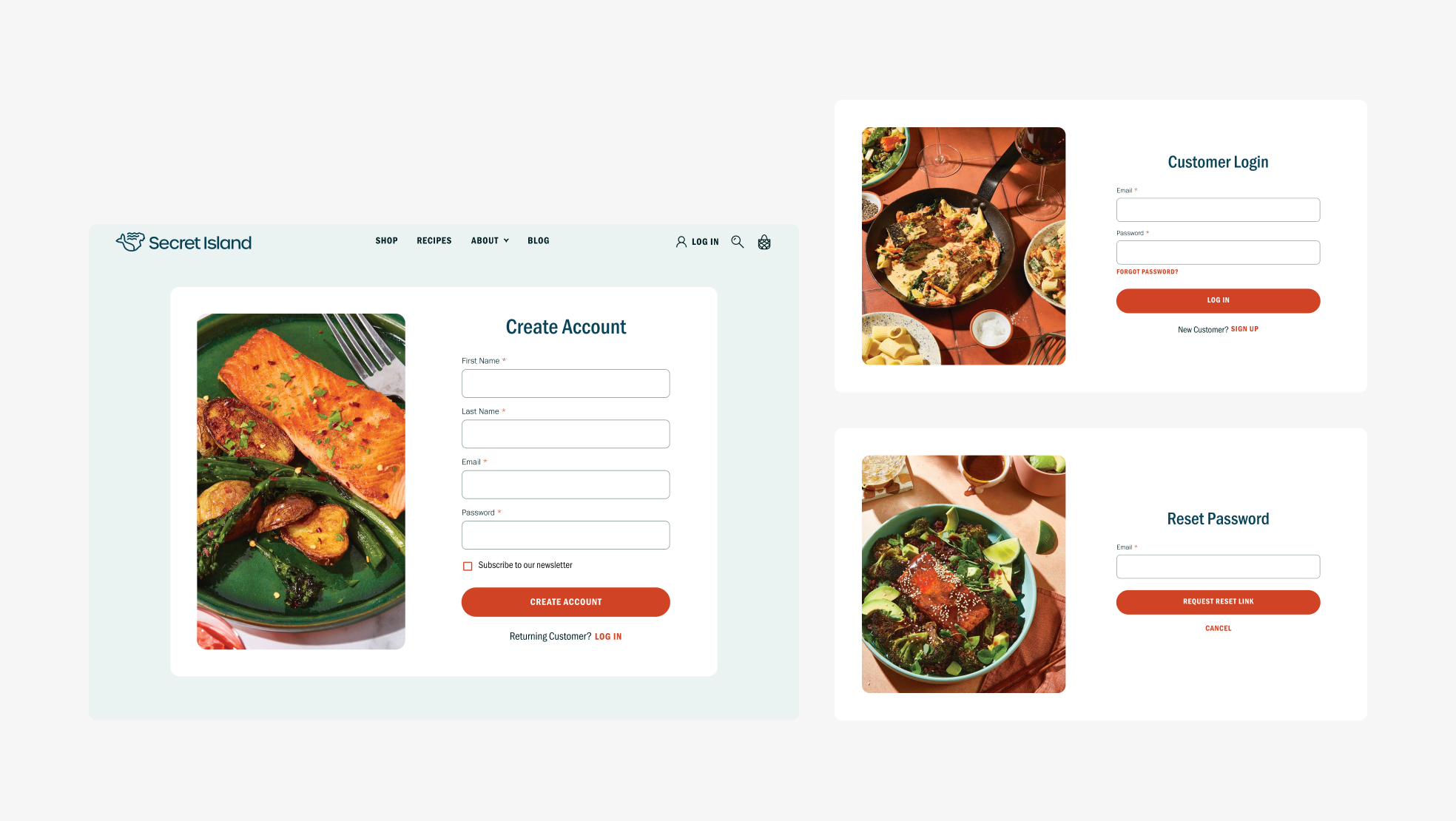 Desktop views of Create Account, Customer Login, and Reset Password.